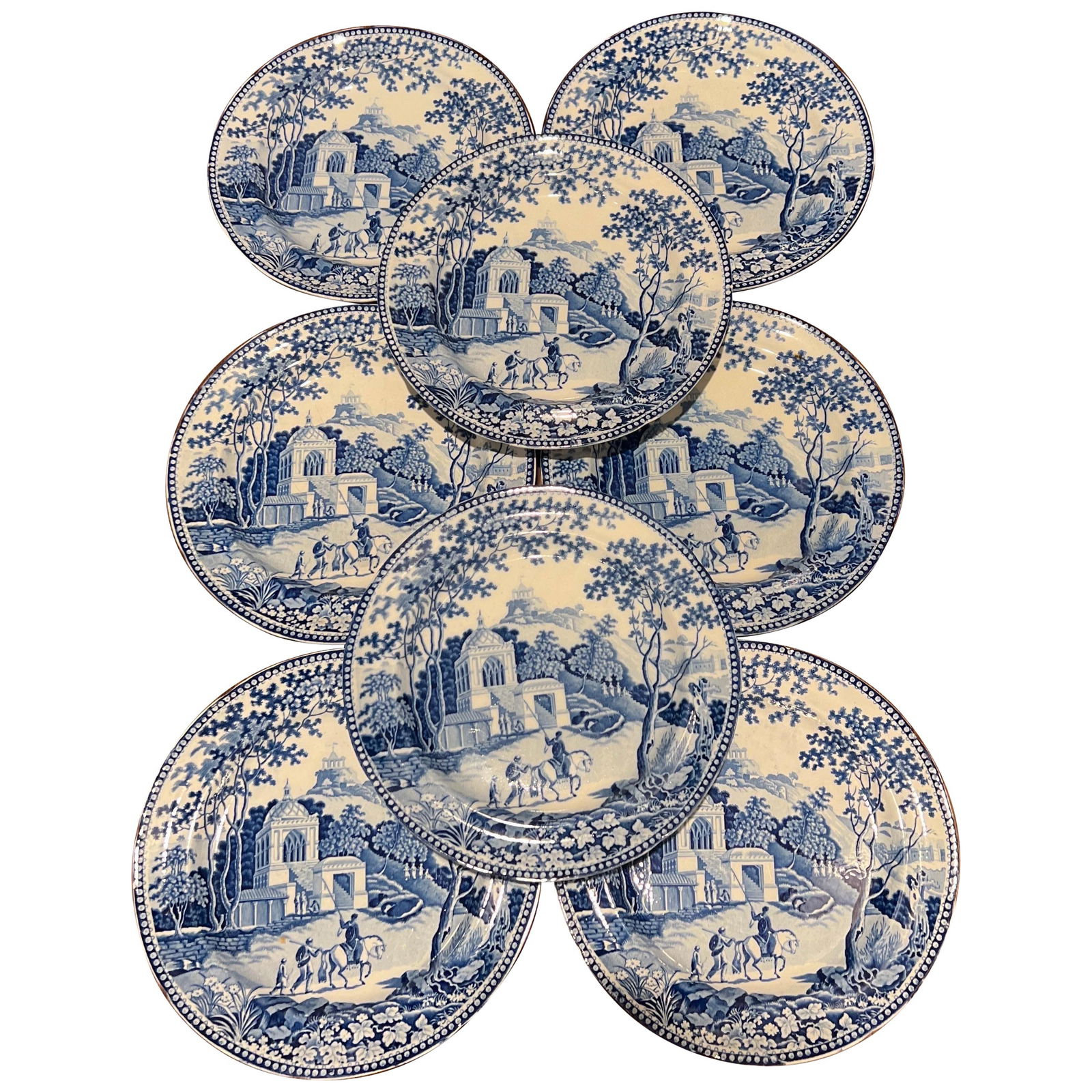 Set of 8 John Rogers Musketeers Pearlware Dinner Plates 1820: Set of 8 John Rogers Musketeers Pearlware Dinner Plates 1820 This exquisite set of 8 dinner plates features the renowned "Musketeers" pattern from John Rogers & Sons, crafted in the early 19th century