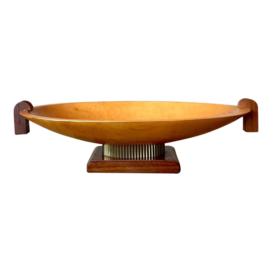 Sculpted Wooden Centerpiece Bowl With Brass Grille Postmodern Design: Sculpted Wooden Centerpiece Bowl With Brass Grille Postmodern Design This vintage Postmodern carved wooden centerpiece bowl showcases bold design from the latter half of the 20th century. The elongate