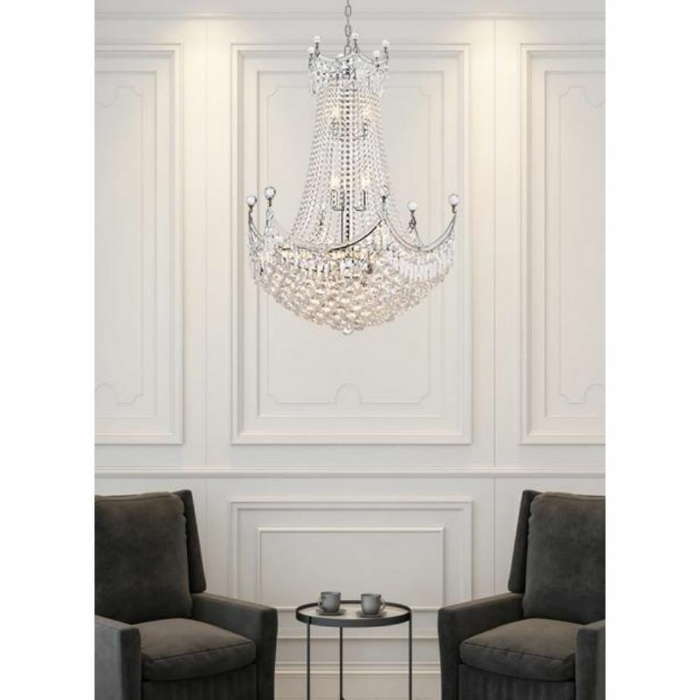 24 Light Chrome Empire Style Crystal Chandelier: 24 Light Chrome Empire Style Crystal Chandelier Elevate your living space with this stunning 24-light crystal chandelier, featuring a modern empire design that enhances any room's ambiance. Crafted wi