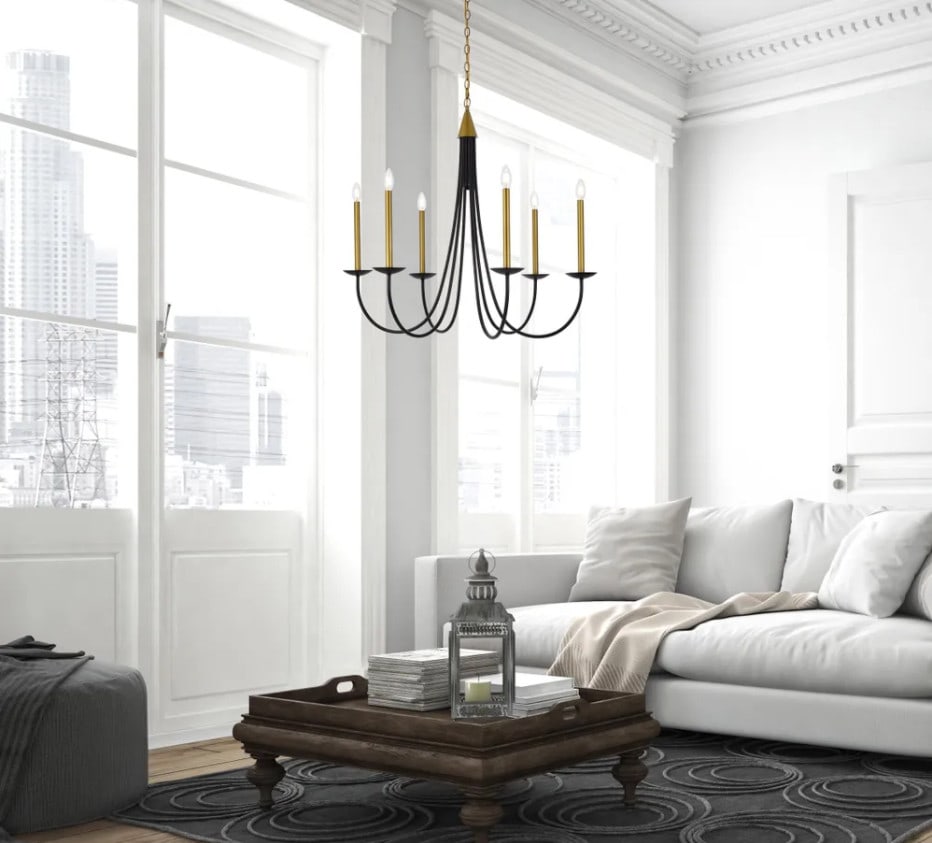 36 Inch Black Brass Steel Chandelier 6 Lights Modern Adjustable Fixture: 36 Inch Black Brass Steel Chandelier 6 Lights Modern Adjustable Fixture This modern 6-light chandelier features a sleek black and brass metal frame with a round shade shape, designed in the style of w