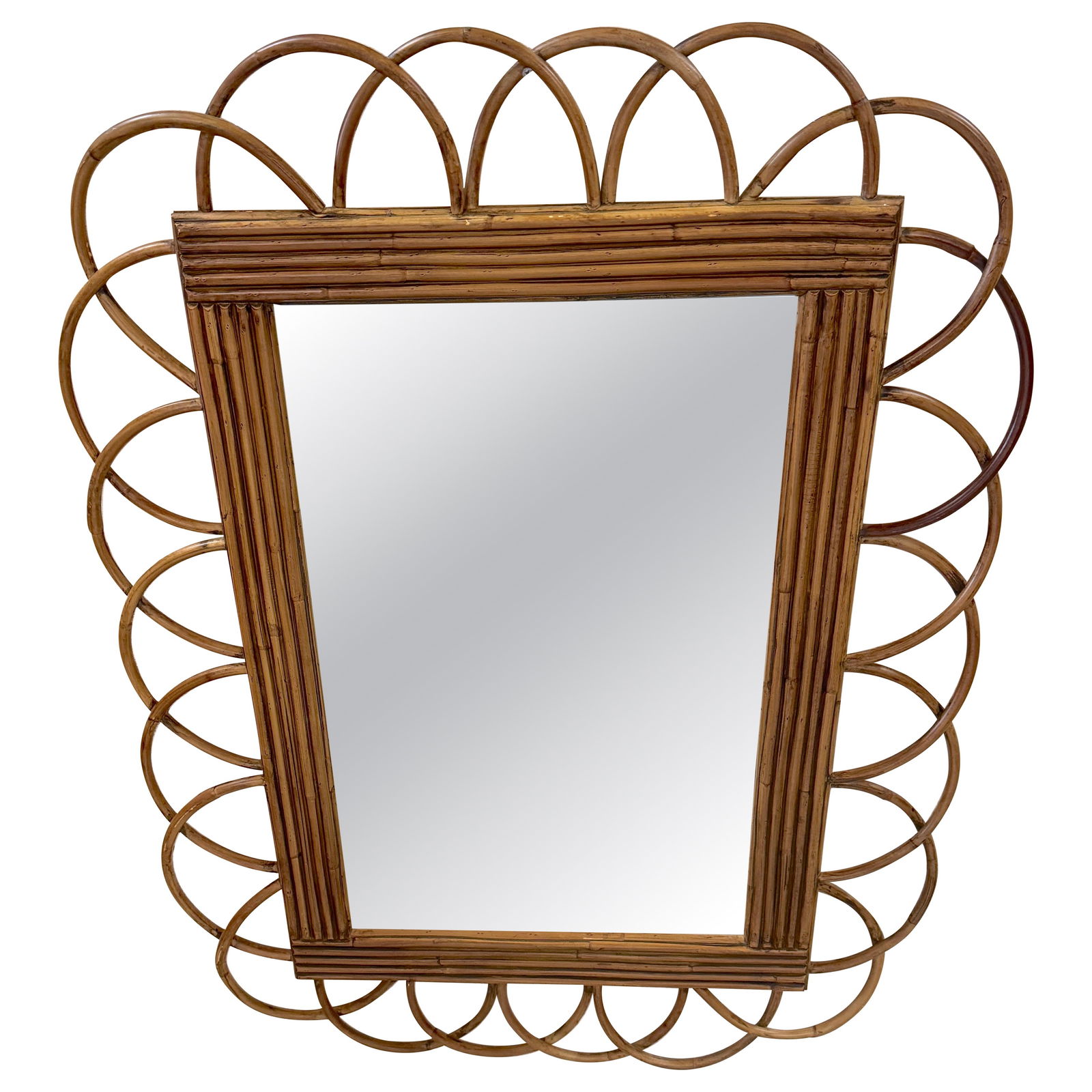 Sculptural Rattan Loop Wall Mirror Bohemian Modern Design 42 x 31.5 Inch: Sculptural Rattan Loop Wall Mirror Bohemian Modern Design 42 x 31.5 Inch This late 20th-century wall mirror features a sculptural frame crafted from hand-bent rattan loops radiating around a rectangul