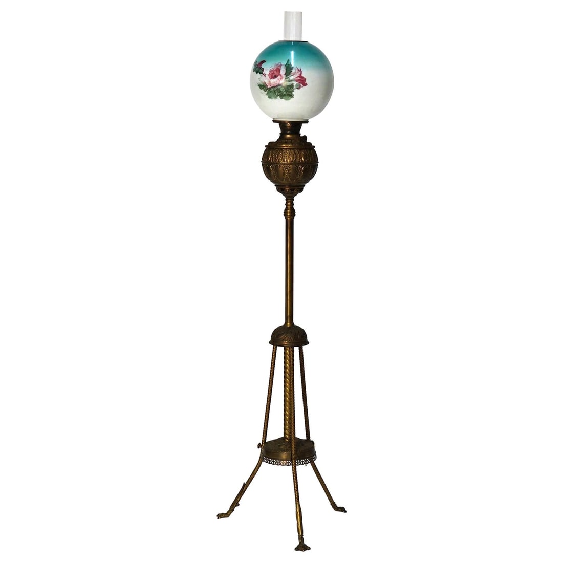 Victorian Antique Brass Telescoping Piano Oil Lamp with Hand-Painted Floral Shade c1890: Victorian Antique Brass Telescoping Piano Oil Lamp with Hand-Painted Floral Shade c1890 This exquisite antique brass telescoping piano oil lamp, dating back to circa 1890, is a stunning example of Vic