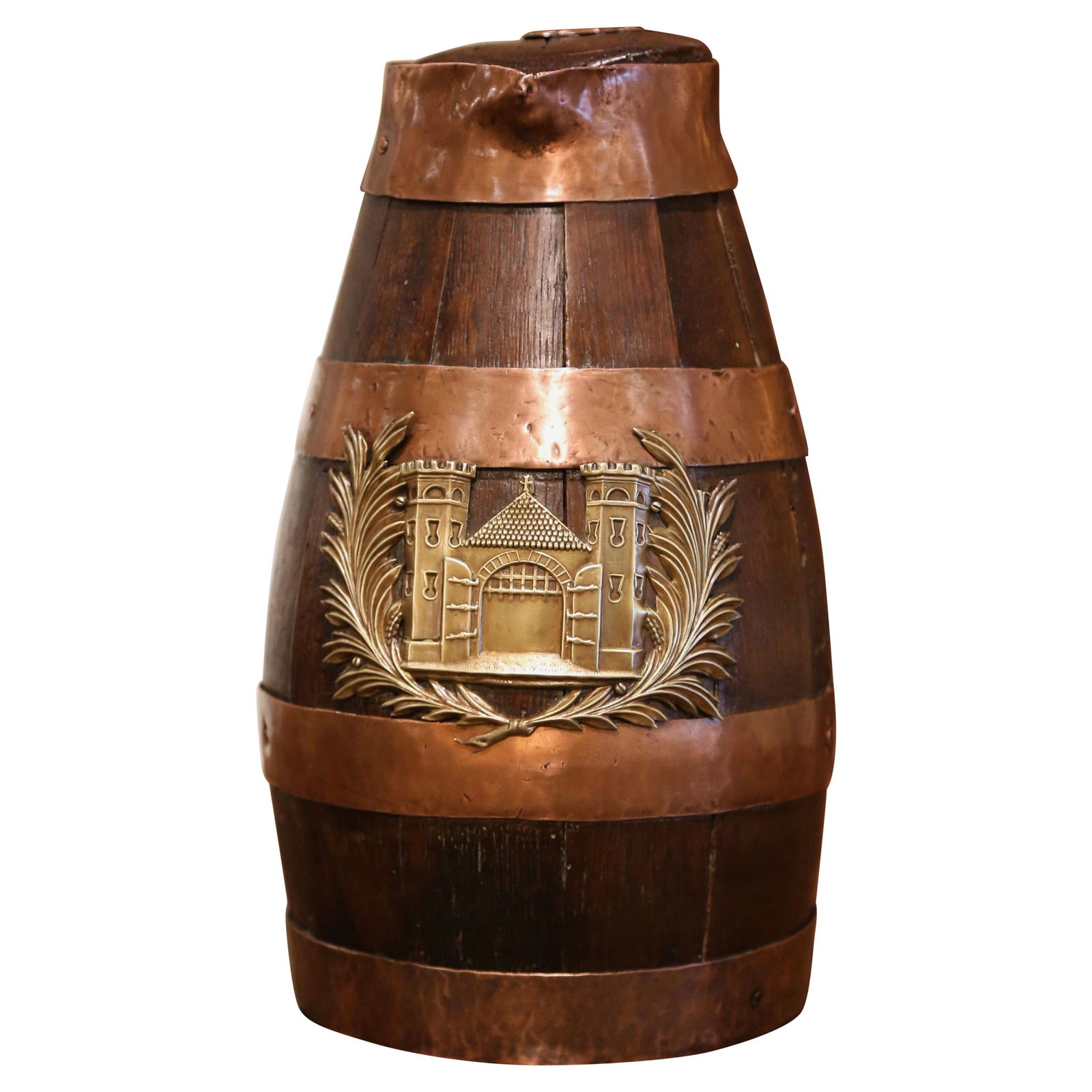 French Oak Barrel Cider Jug with Brass Bands Normandy Circa 1860: French Oak Barrel Cider Jug with Brass Bands Normandy Circa 1860 This antique cider pitcher jug, crafted in Normandy, France around 1860, features hand-carved oak accented with polished brass rings. T