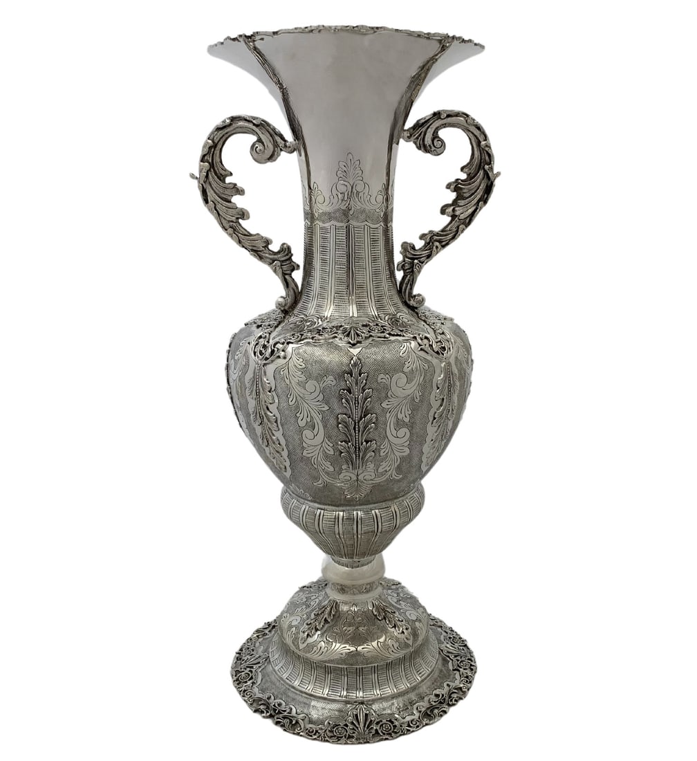 Handmade 925 Sterling Silver Fluted Flower Vase with Leaf Applique (1 of 5)