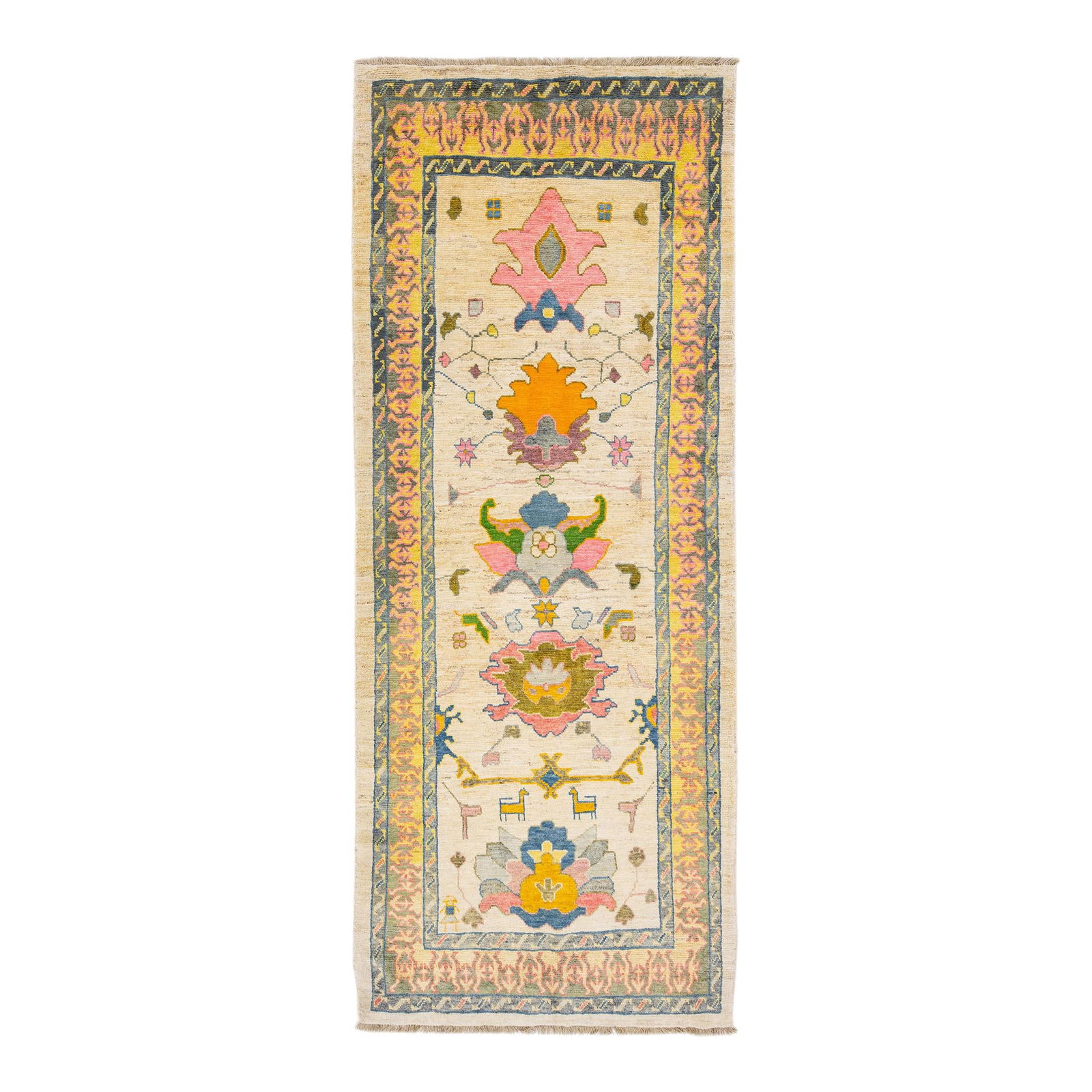 Modern Oushak Hand-Knotted Wool Runner Rug Multicolor Floral Design 4'11 x 12'5: Modern Oushak Hand-Knotted Wool Runner Rug Multicolor Floral Design 4'11 x 12'5 Enhance your space with this exquisite multicolor modern Oushak handmade runner rug. Featuring a soft beige field, this