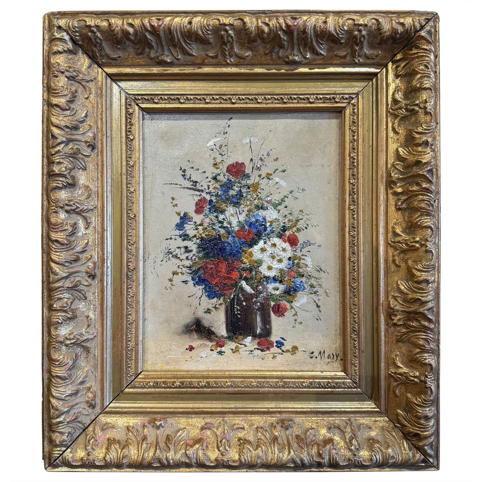 19th Century French Still Life Floral Painting by C Mary Gilt Frame: 19th Century French Still Life Floral Painting by C Mary Gilt Frame Add a touch of elegance to your space with this exquisite 19th Century French Still Life Floral Painting, perfect for any decor. Cra