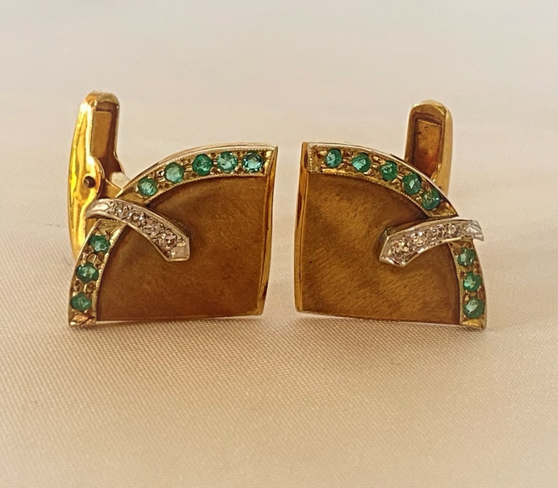 French 14K Yellow Gold Diamond Emerald Cufflinks Signed Vintage: French 14K Yellow Gold Diamond Emerald Cufflinks Signed Vintage This exquisite pair of French cufflinks is crafted from 14K yellow gold and features stunning diamond emerald accents. Each cufflink sho