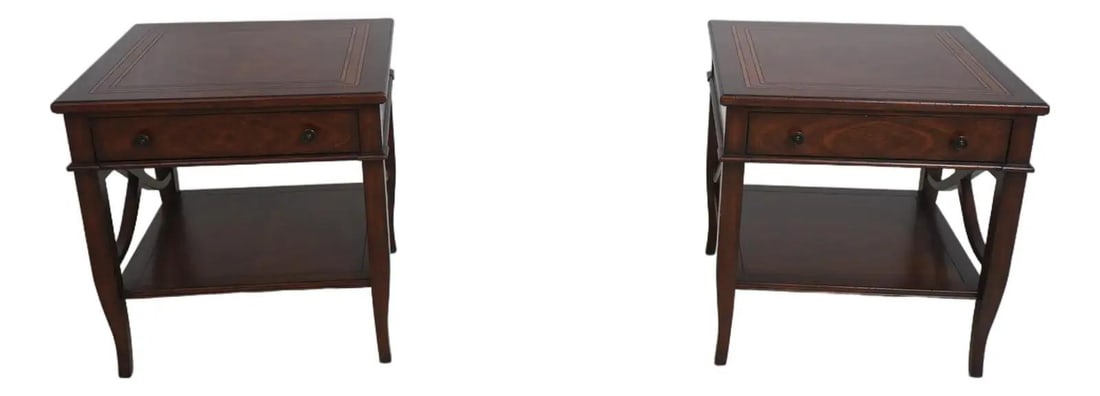 Set of Two Mahogany Brooksby Side Tables with Distressed Finish: Set of Two Mahogany Brooksby Side Tables with Distressed Finish This pair of Theodore Alexander Brooksby end tables features high-quality mahogany construction with a factory distressed finish. These