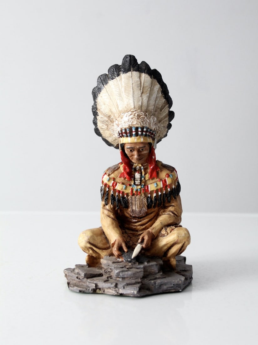 Old West Visions Native American Chief Figurine 9 Inch: Old West Visions Native American Chief Figurine 9 Inch This captivating Vintage Old West Visions figurine showcases a Native American Indian chief skillfully working with a knife and stone. The intric