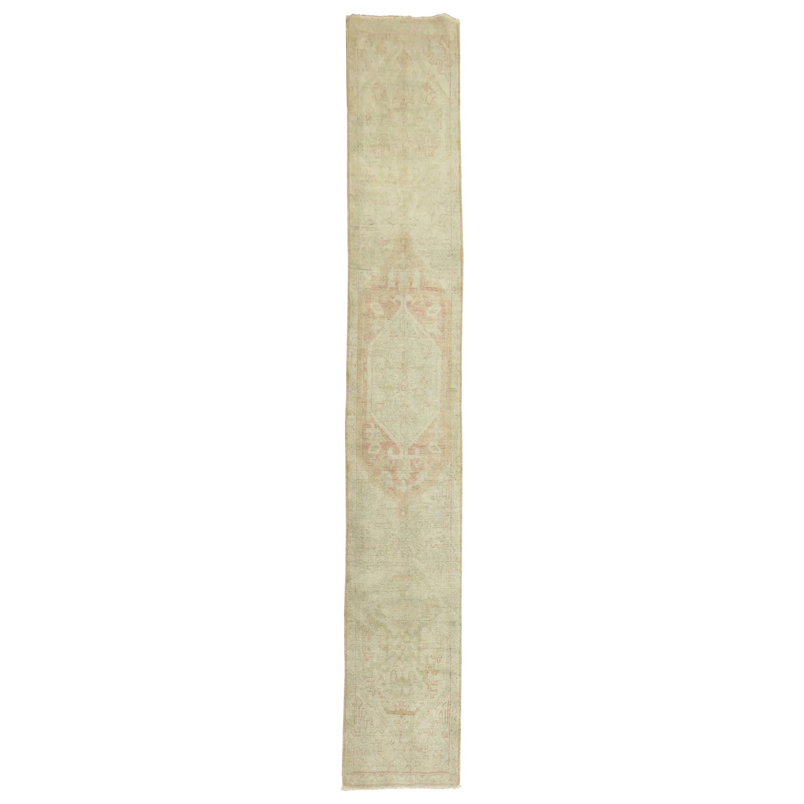 Antique Turkish Oushak Runner 22x132 Hand-Knotted Wool Cream Pink: Antique Turkish Oushak Runner 22x132 Hand-Knotted Wool Cream Pink Discover the exquisite beauty of this one-of-a-kind early 20th-century Turkish Oushak runner. Featuring a charming, archaistic style,