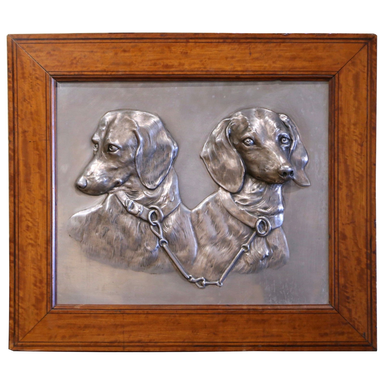 French Carved Pewter Dachshund Wall Art Circa 1900 in Walnut Frame: French Carved Pewter Dachshund Wall Art Circa 1900 in Walnut Frame Add a touch of elegance to your office or study with this stunning Early 20th Century French Carved Pewter Hunting Dachshunds wall ar