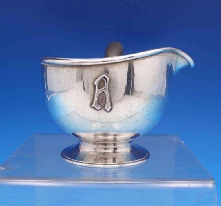 Kalo Sterling Silver Handwrought Pipkin with Ebony Handle and Monogram A: Kalo Sterling Silver Handwrought Pipkin with Ebony Handle and Monogram A This exquisite Kalo Sterling Silver Pipkin showcases handwrought craftsmanship with an elegant ebony handle. Measuring 3 inches