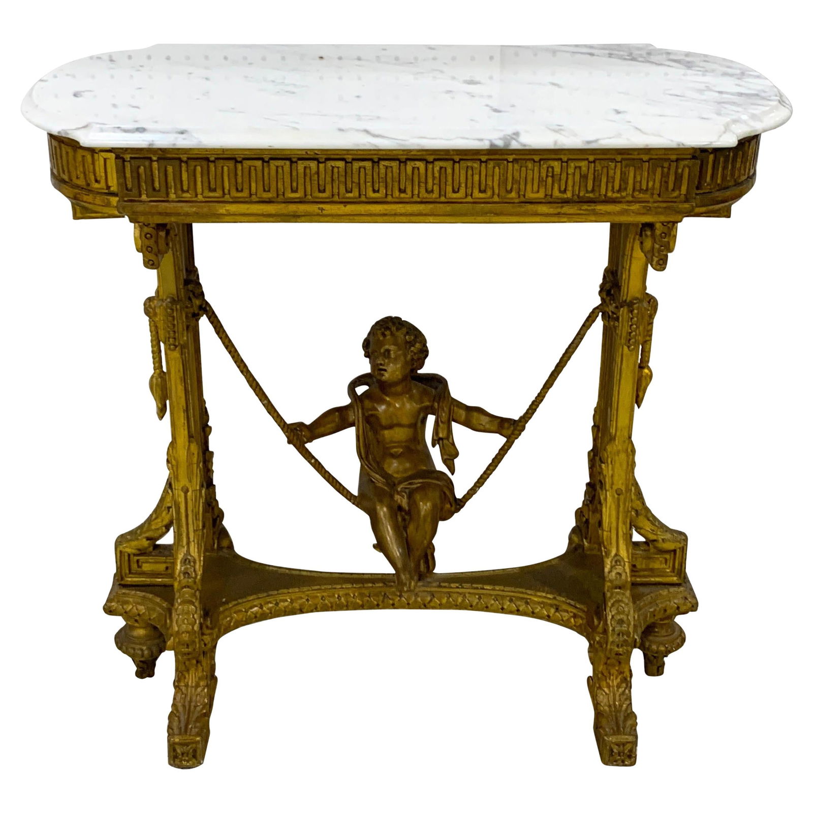 French Giltwood Swinging Putto Marble Top Table Ferner Mid-19th Century: French Giltwood Swinging Putto Marble Top Table Ferner Mid-19th Century This exquisite French giltwood swinging putto table features a stunning beveled Carrara marble top and is a remarkable example o