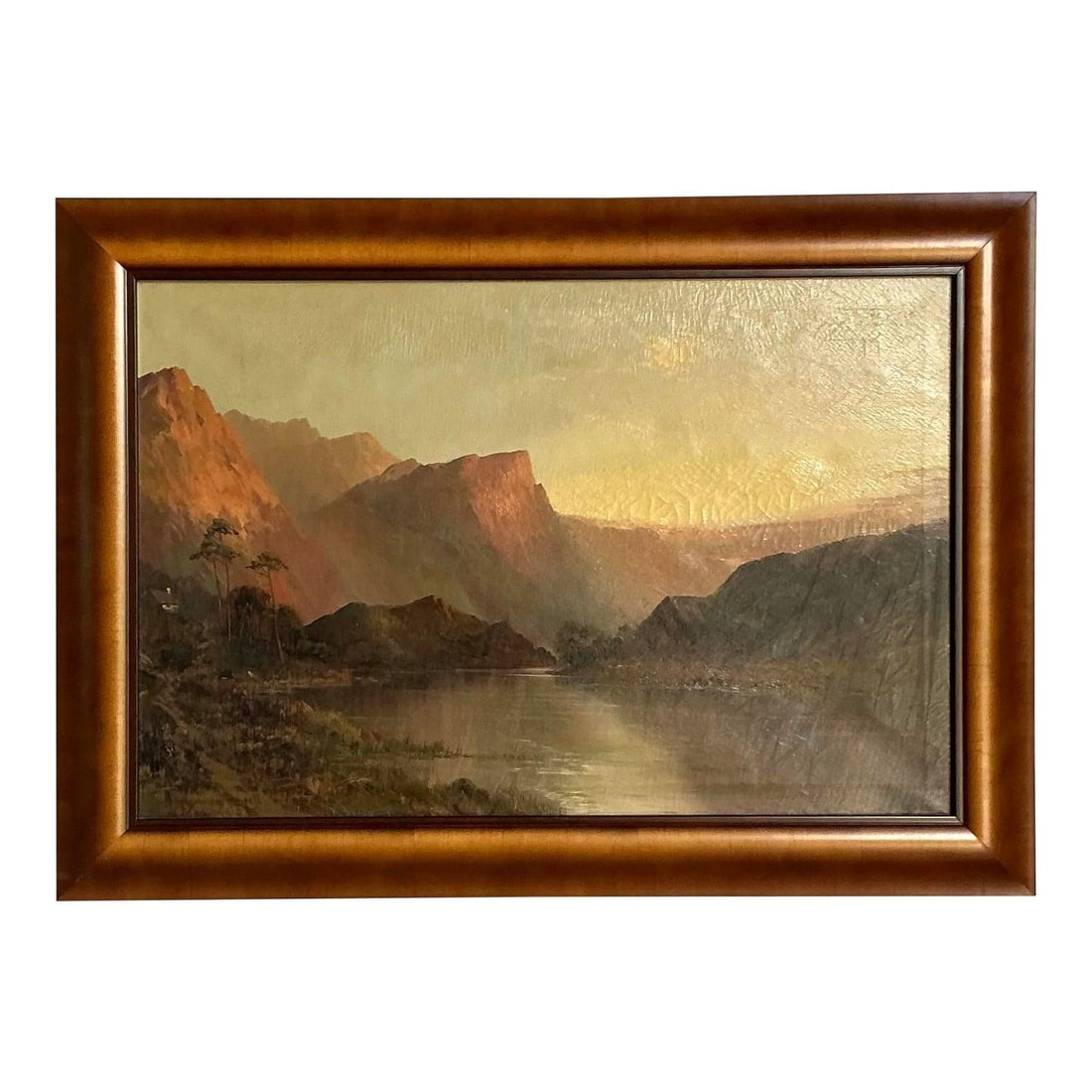 Framed Oil Canvas Mountain Landscape in Mahogany Finish 35.5 x 25.5 Vintage Boho: Framed Oil Canvas Mountain Landscape in Mahogany Finish 35.5 x 25.5 Vintage Boho This vintage original oil landscape on canvas features a dramatic composition of rugged mountains illuminated by golden