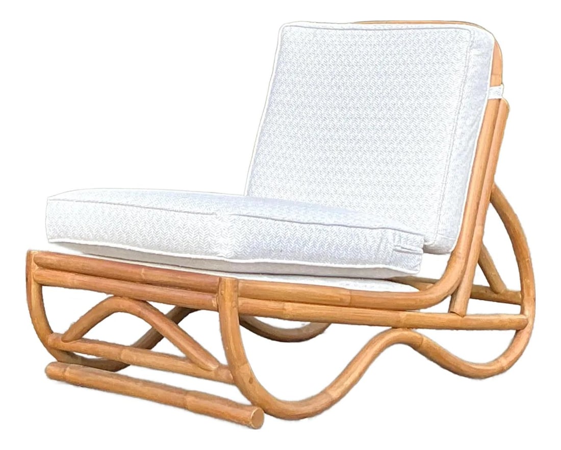 Vintage Coastal Rattan Slipper Chair with Plush Cushions: Vintage Coastal Rattan Slipper Chair with Plush Cushions Experience effortless tropical elegance with this vintage coastal rattan slipper chair. Featuring a beautifully sculptural bentwood silhouette,