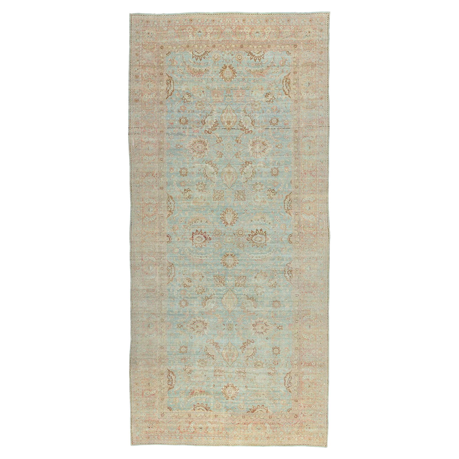 Late 19th Century Persian Yazd Oversized Wool Carpet OCM Signature: Late 19th Century Persian Yazd Oversized Wool Carpet OCM Signature This exquisite late 19th century Persian Yazd carpet features a stunning large floral scale design set against a soft blue field. Han