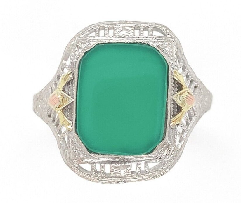 10k White Gold Filigree Ring Natural Green Onyx GIA Certified (1 of 10)