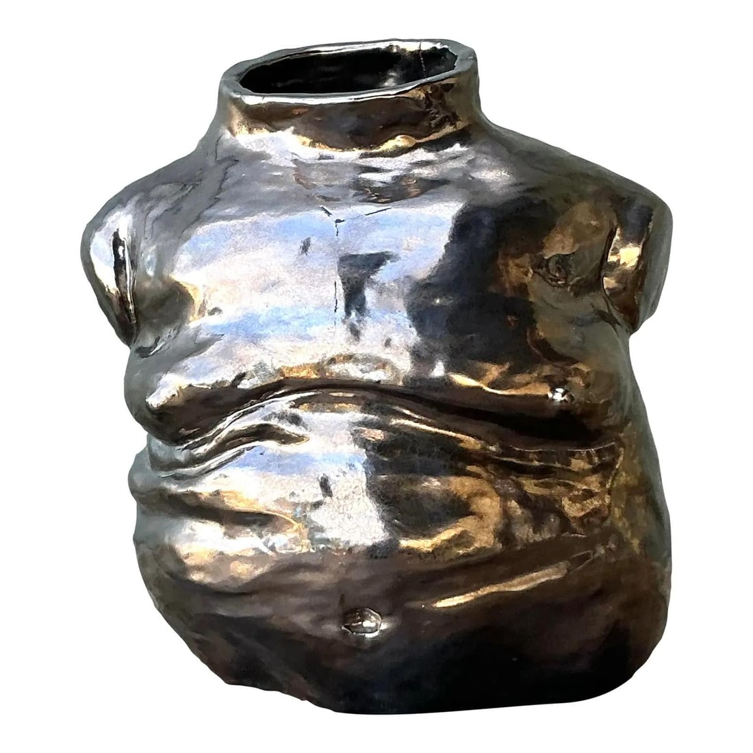 Metallic Glaze Ceramic Sculptural Torso Vase with Boho Vintage Style: Metallic Glaze Ceramic Sculptural Torso Vase with Boho Vintage Style This vintage ceramic torso vase features a sculptural design inspired by the 1980s Postmodern movement, modeled after a muscular hu