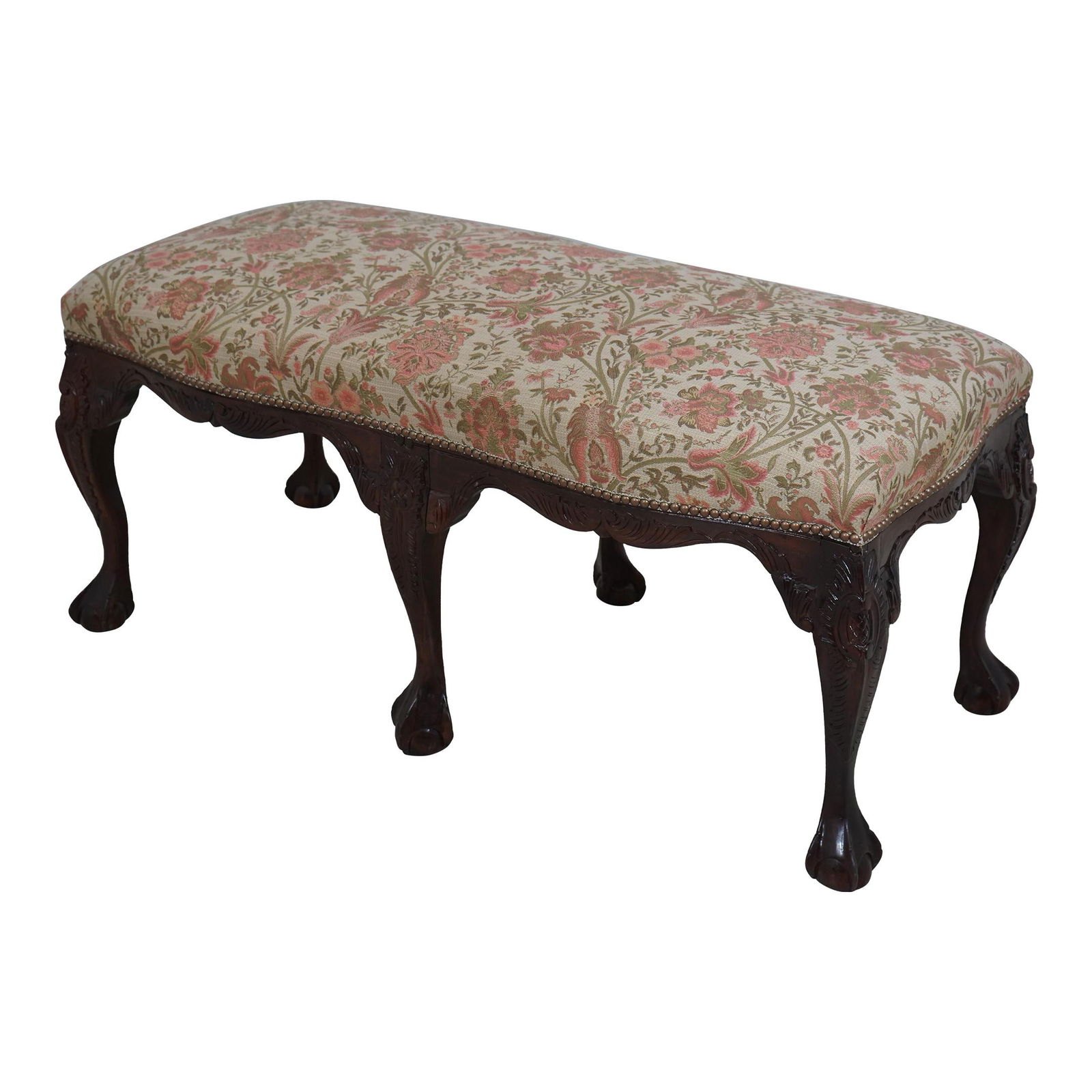 Chippendale Ball & Claw Carved Upholstered Bench 47" Brown Fabric (1 of 10)