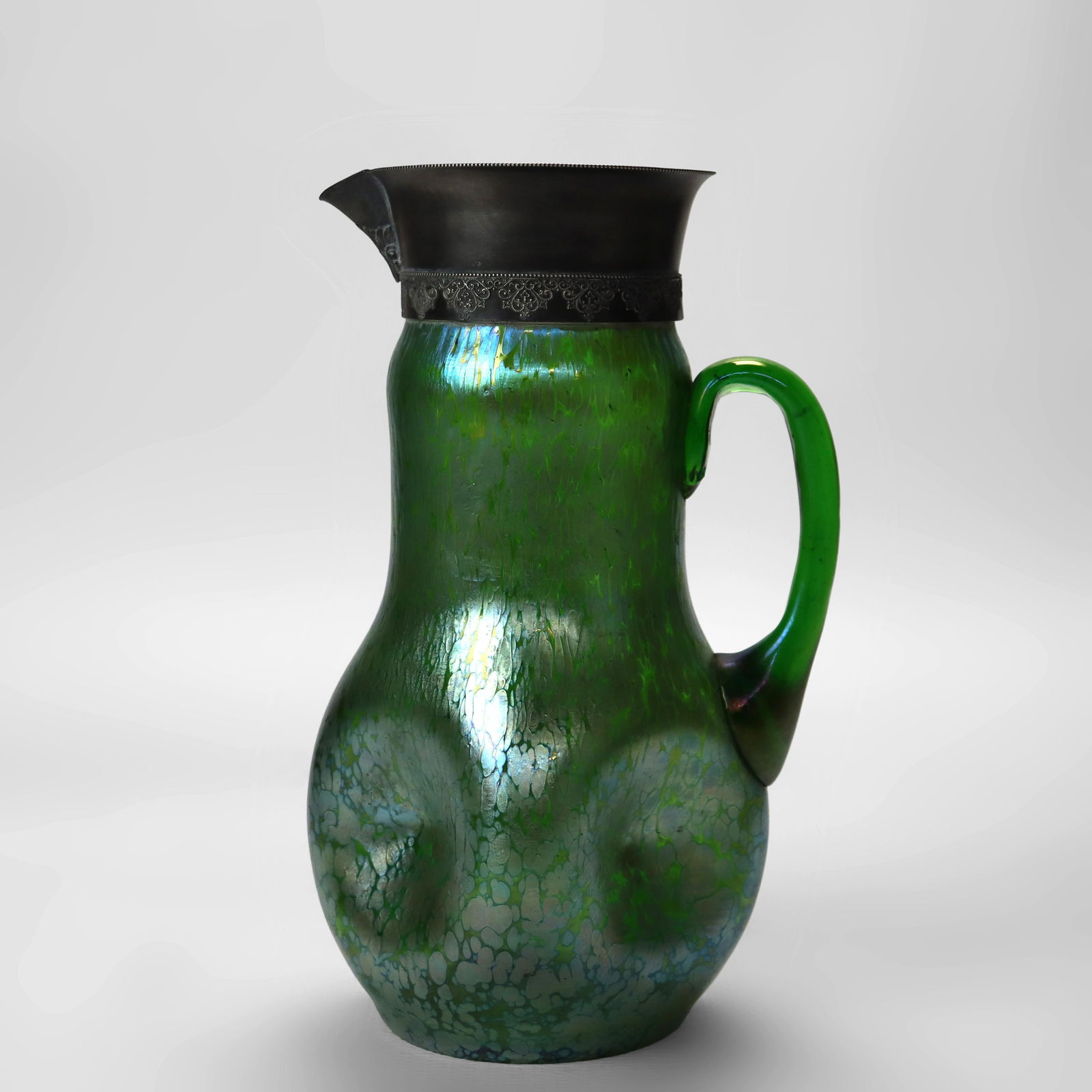 Creta Papillon Green Oil Spot Glass Pitcher with Sterling Silver Rim c1920 (1 of 7)