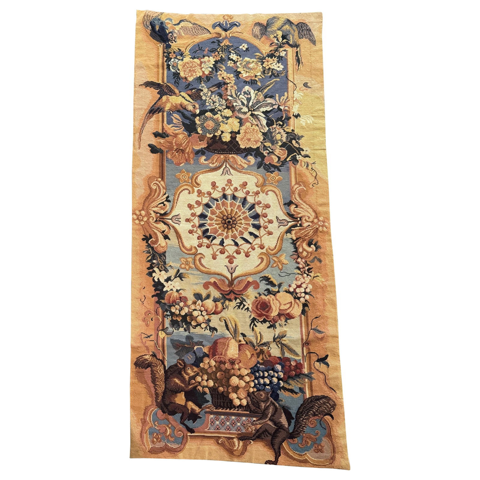 Early 20th Century French Hand-Woven Tapestry with Birds and Squirrels: Early 20th Century French Hand-Woven Tapestry with Birds and Squirrels This exquisite early 20th century French woven wall tapestry is a stunning piece of art that brings a touch of elegance to any sp