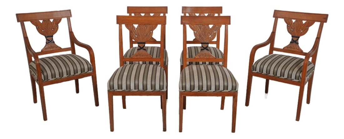 Set of 6 Neoclassical Wheat Carved Dining Chairs: Set of 6 Neoclassical Wheat Carved Dining Chairs This exquisite set of 6 Neoclassical dining room chairs features a beautiful wheat carved back design, enhancing the elegance of any dining space. Craf