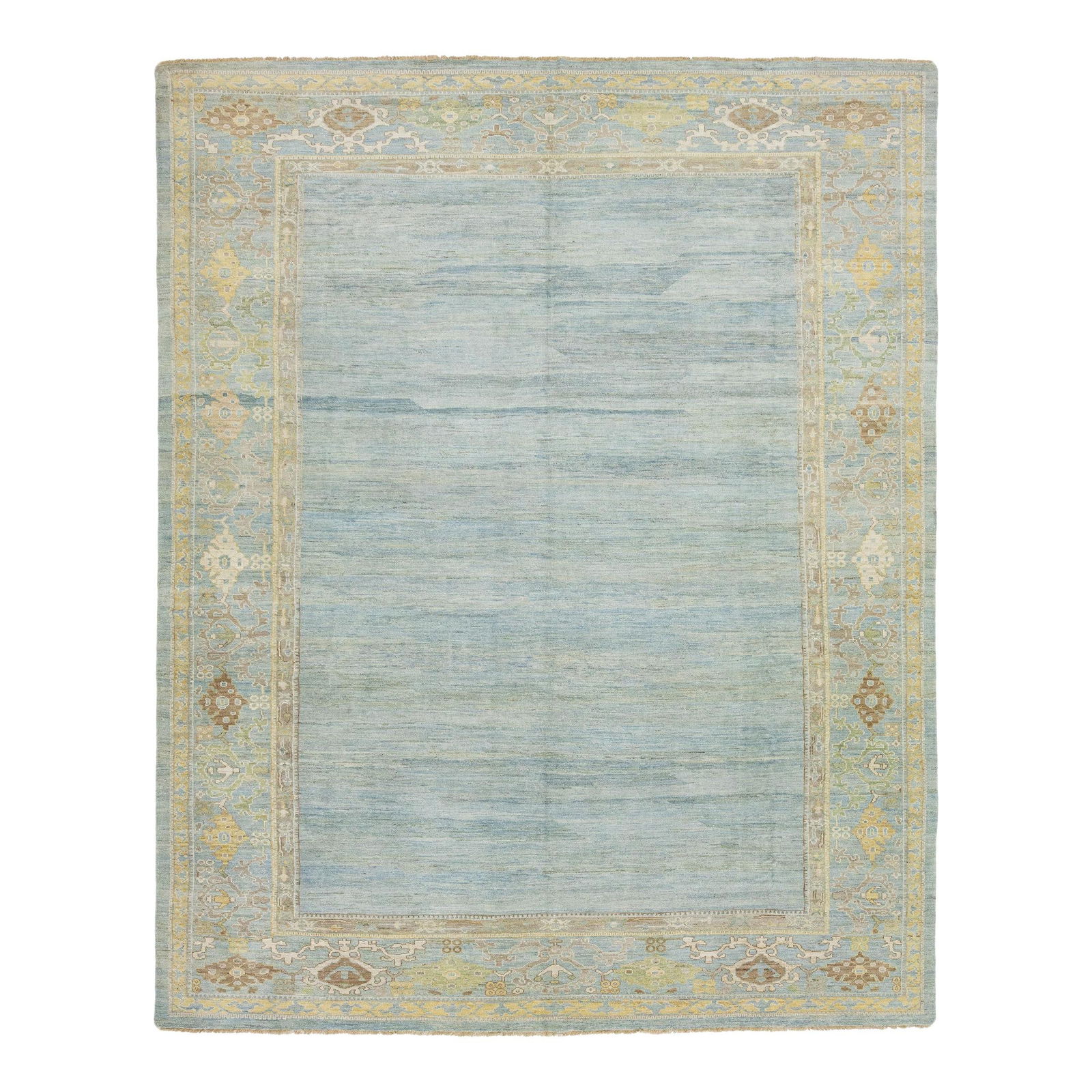 12'3 x 15'3 Modern Sultanabad Blue Wool Rug: 12'3 x 15'3 Modern Sultanabad Blue Wool Rug Enhance your space with this exquisite hand-knotted wool rug, featuring a serene light blue background complemented by yellow and beige accents in a stylish