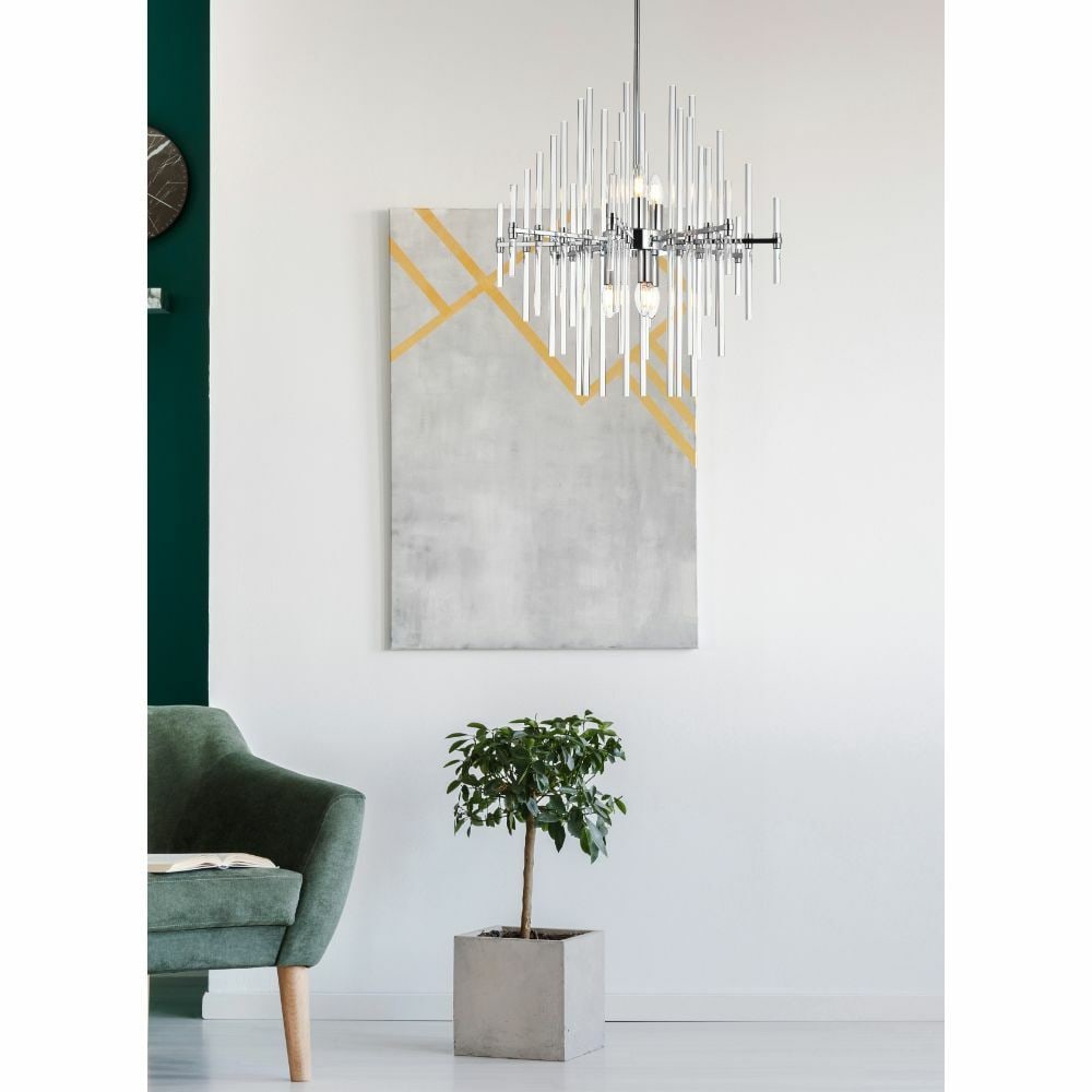 Sienna 6-Light Chrome Sputnik Chandelier with Glass Rods Modern Pendant: Sienna 6-Light Chrome Sputnik Chandelier with Glass Rods Modern Pendant Illuminate your space with this stunning 6-Light Sputnik Chandelier featuring a sleek chrome finish and elegant clear glass rods