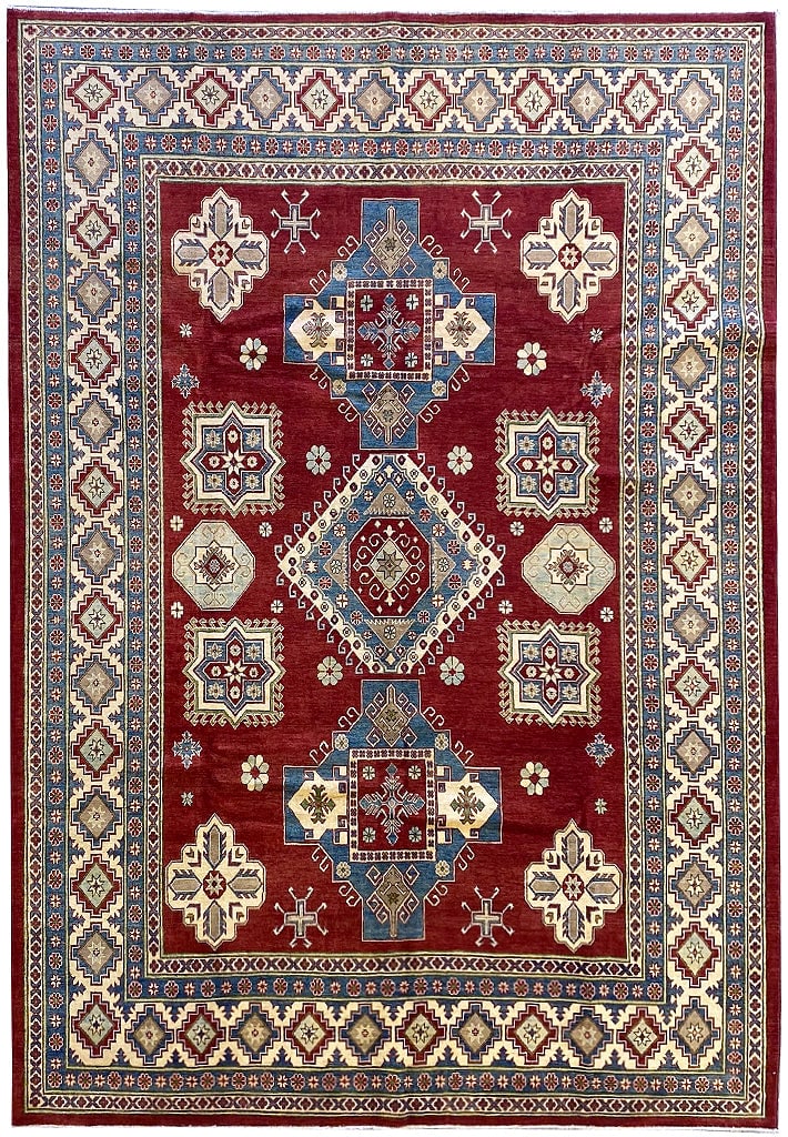 9' x 12' Super Kazak Hand-Knotted Wool Afghan Rug: 9' x 12' Super Kazak Hand-Knotted Wool Afghan Rug Free continental US Shipping Transform your living space with this exquisite 9' x 12' Super Kazak handmade Afghan rug. Crafted from luxurious silky qu