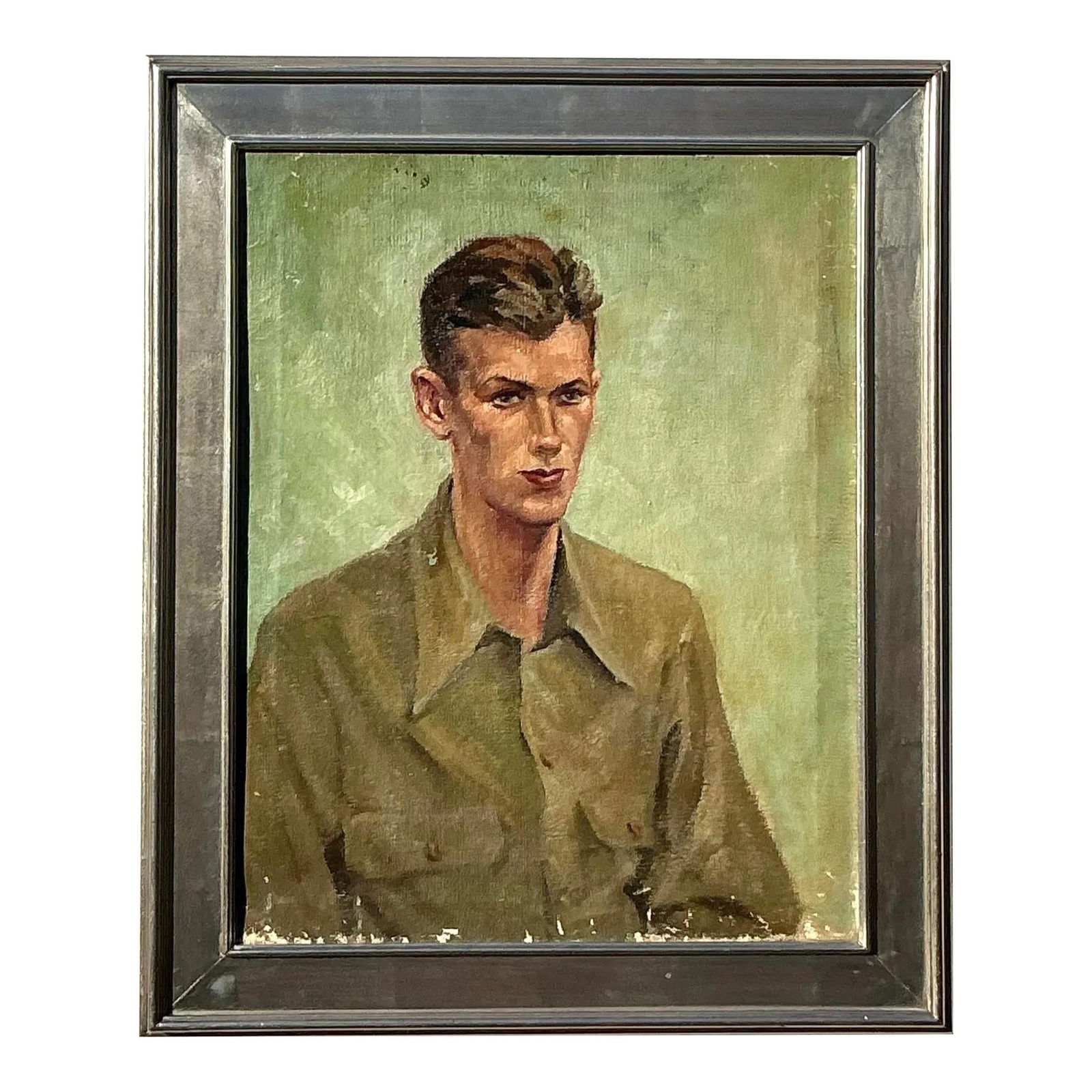 Mid Century Vintage Boho Oil Portrait Canvas Artwork: Mid Century Vintage Boho Oil Portrait Canvas Artwork This captivating mid-20th century vintage oil portrait on canvas features a young man in military attire set against a muted green background. The