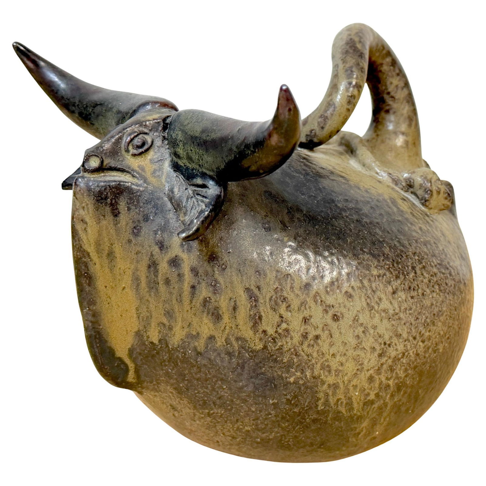 Modern Portuguese Pottery Steer Sculpture by Jorge Mealha Signed Late 20th Century: Modern Portuguese Pottery Steer Sculpture by Jorge Mealha Signed Late 20th Century This sculptural ceramic steer by Jorge Mealha, created in Portugal in the late 20th century, exemplifies the artist's