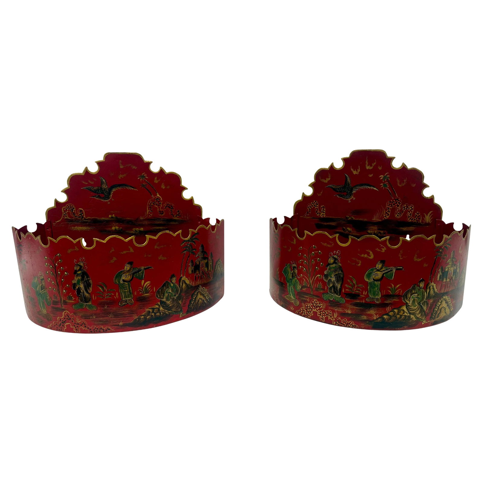 Set of 2 Italian Painted Tole Chinoiserie Wall Pockets Mid Century: Set of 2 Italian Painted Tole Chinoiserie Wall Pockets Mid Century This set of two Italian mid-century wall pockets features a Chinese Export style, crafted from painted tole metal. Each piece display