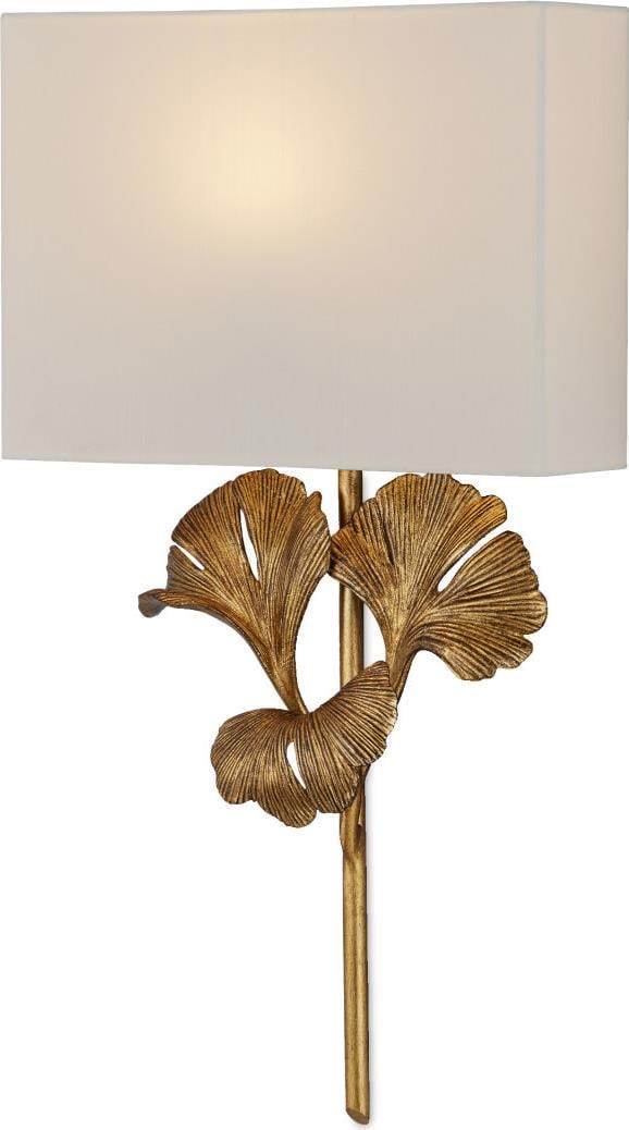 Chinoiserie Gold Gingko Wall Sconce by Currey UL-Listed: Chinoiserie Gold Gingko Wall Sconce by Currey UL-Listed Illuminate your space with this enchanting Nature-Inspired Gold Ginkgo Wall Sconce, featuring a stunning Chinois Antique Gold Leaf finish with a