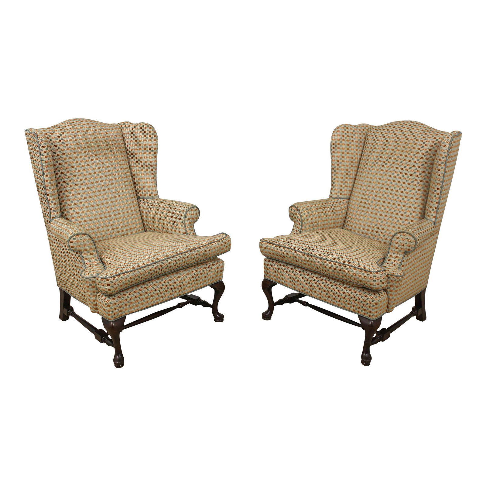 Elegant Pair of Queen Anne Upholstered Wing Chairs Brown (1 of 10)