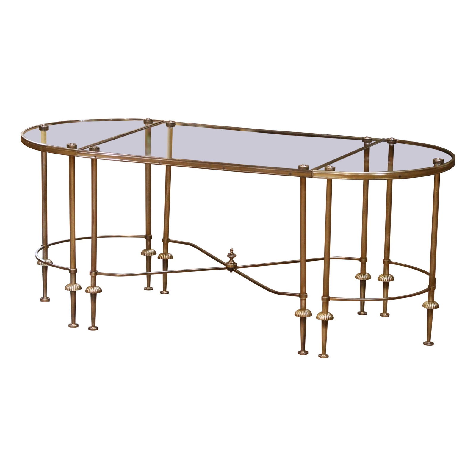 Set of 3 French Brass and Glass Tables Maison Bagues Attributed Mid-Century: Set of 3 French Brass and Glass Tables Maison Bagues Attributed Mid-Century This mid-century three-piece coffee table, attributed to Maison Bagues, was crafted in France circa 1950. The set includes a