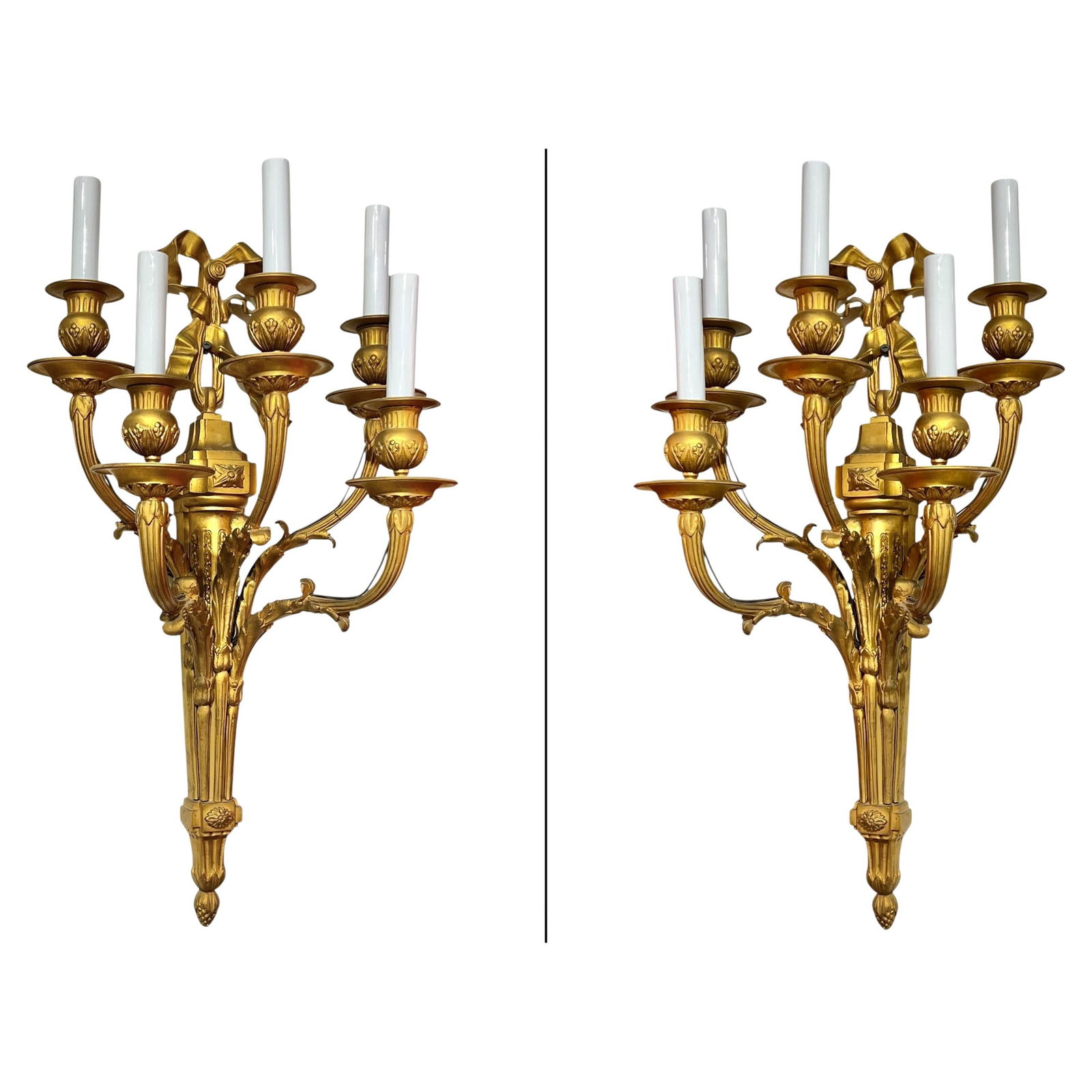 Set of Two Antique French Gilt Bronze Five-Light Louis XVI Sconces: Set of Two Antique French Gilt Bronze Five-Light Louis XVI Sconces Pair of large 19th-century French Louis XVI style wall sconces crafted in gilt bronze. Each sconce features five electrified