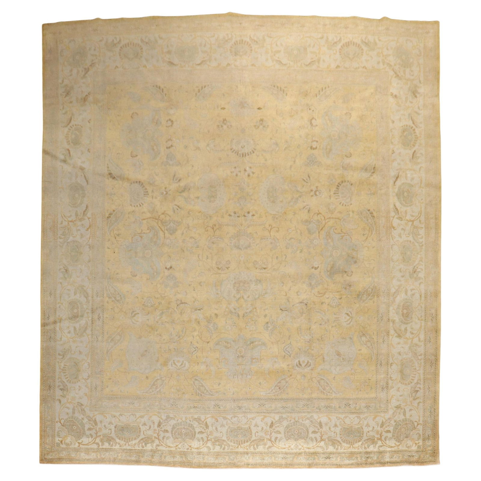 Antique Persian Tabriz Rug Gold Ivory Hand-Woven Revival 10'8 x 12'5: Antique Persian Tabriz Rug Gold Ivory Hand-Woven Revival 10'8 x 12'5 This exquisite early 20th-century Persian Tabriz rug features a stunning gold and ivory color palette, measuring 10'8" x 12'5"
