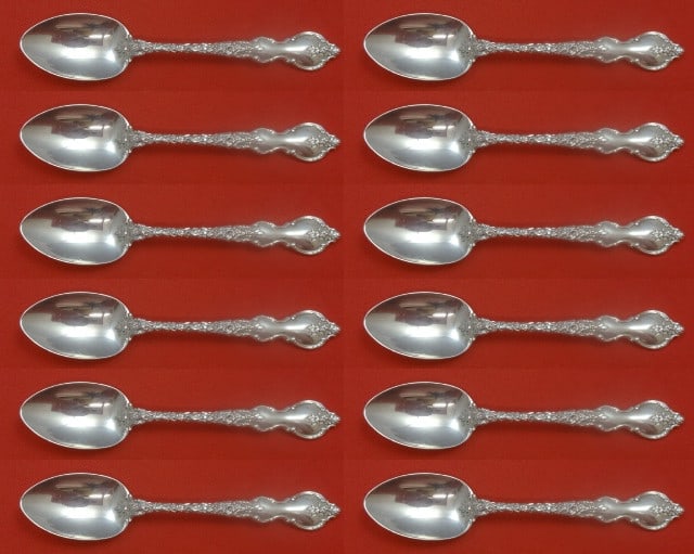 International Sterling Silver Du Barry Teaspoon Set 12 Pieces 6 Inch: International Sterling Silver Du Barry Teaspoon Set 12 Pieces 6 Inch This exquisite 12-piece set of teaspoons features the elegant Du Barry pattern by International Sterling. Each spoon measures 6