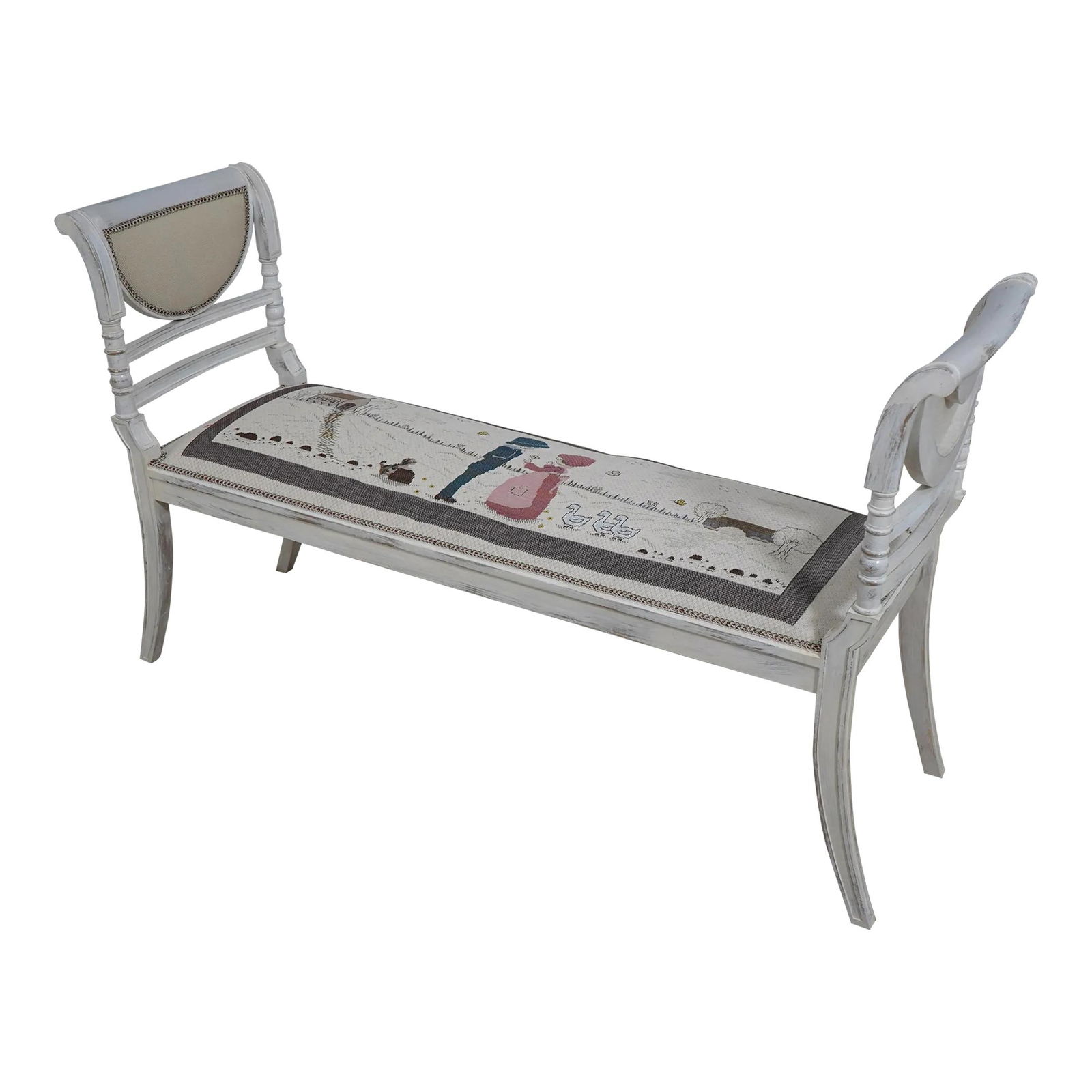 Country Style Upholstered Regency Bench with Rustic Finish: Country Style Upholstered Regency Bench with Rustic Finish This Country Style Upholstered Regency Style Bench is a beautiful addition to any home, showcasing quality construction and a rustic painted