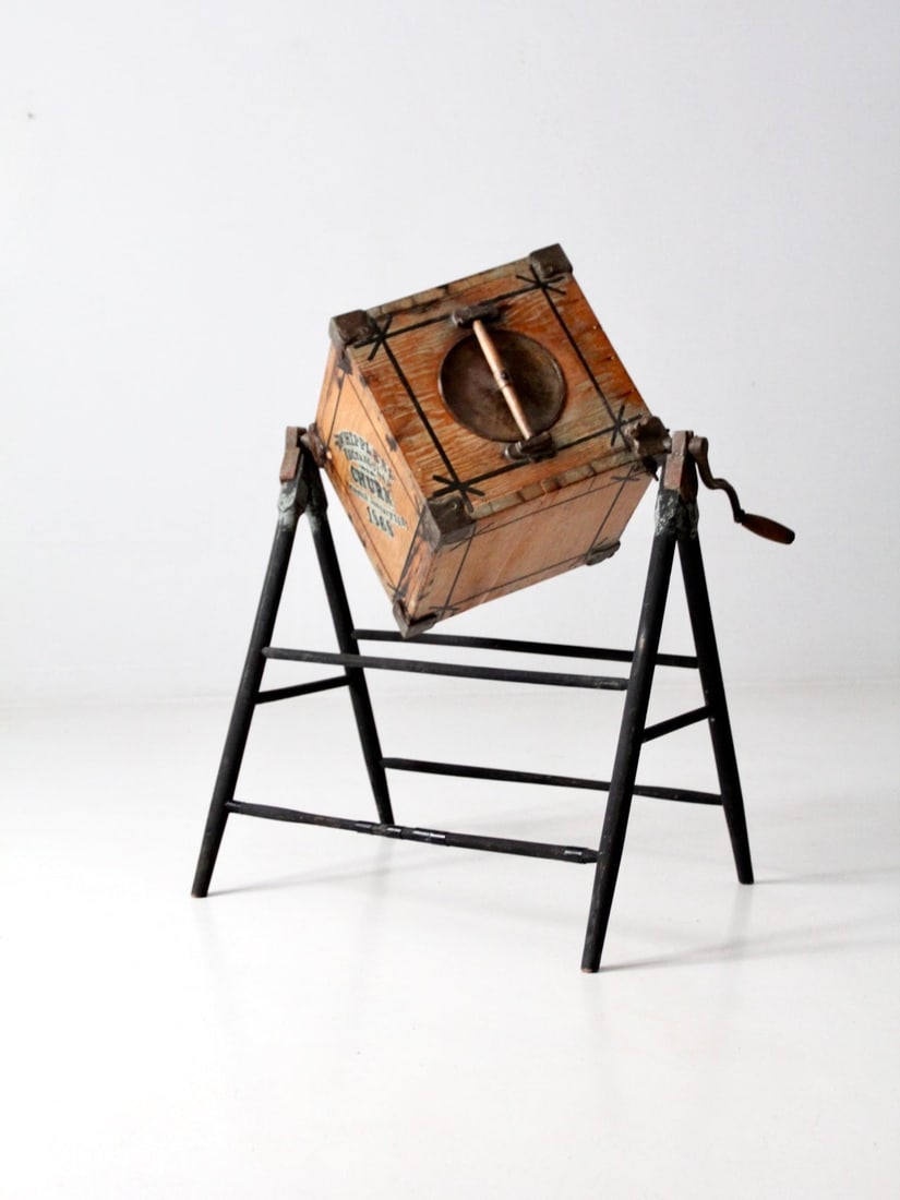 Antique Whipple's Rectangular Churn 1868 with Wooden Stand: Antique Whipple's Rectangular Churn 1868 with Wooden Stand Discover a piece of history with this antique Whipple's Rectangular Churn, crafted circa 1868. This unique wooden churn features a sturdy woo