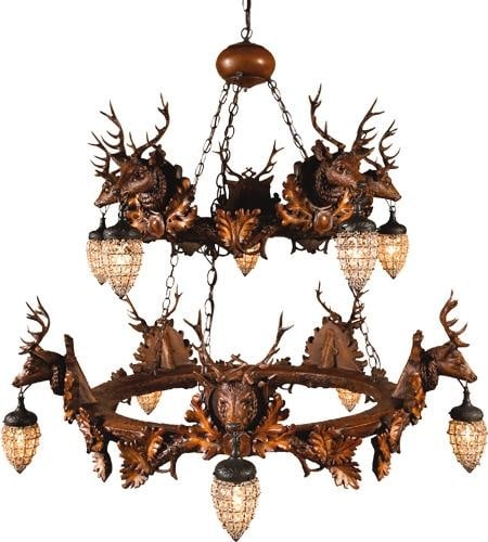 Rustic Lodge Style 2-Tier Stag Head Chandelier 10-Light Resin: Rustic Lodge Style 2-Tier Stag Head Chandelier 10-Light Resin This item is made at time of order. Please allow 42 to 70 days for production. Illuminate your space with this stunning Rustic 2-Tier Stag