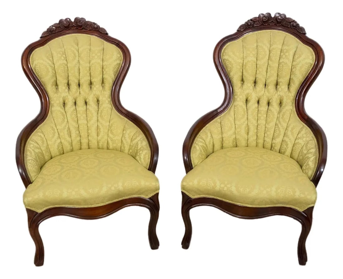 Victorian Walnut Tufted Parlor Chairs Pair with Queen Anne Legs (1 of 10)