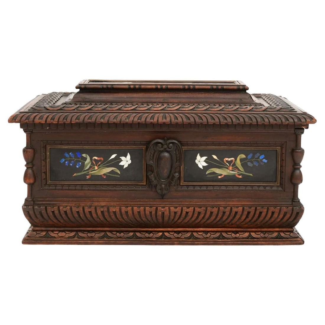19th Century Italian Walnut Chest Featuring Pietra Dura Stone Plaques: 19th Century Italian Walnut Chest Featuring Pietra Dura Stone Plaques This very large Italian chest from the late 19th century is crafted from walnut and features decorative Pietra Dura stone plaques,