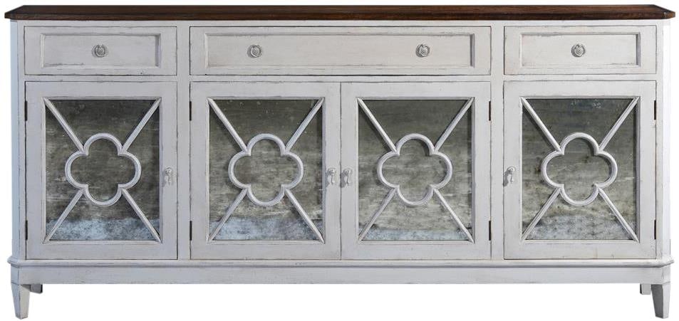 Wilcox Antique Style Sideboard with Rustic Pecan Top: Wilcox Antique Style Sideboard with Rustic Pecan Top The Wilcox Sideboard is a beautifully crafted piece that combines style and functionality. Designed in a charming French style, this sideboard feat