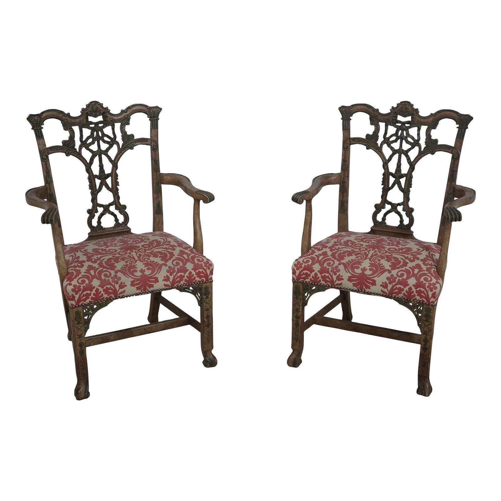 Georgian Style Pair of Hickory Chair Painted Armchairs: Georgian Style Pair of Hickory Chair Painted Armchairs This exquisite pair of Georgian-style armchairs showcases remarkable craftsmanship and timeless design. Each chair features intricate carved deta