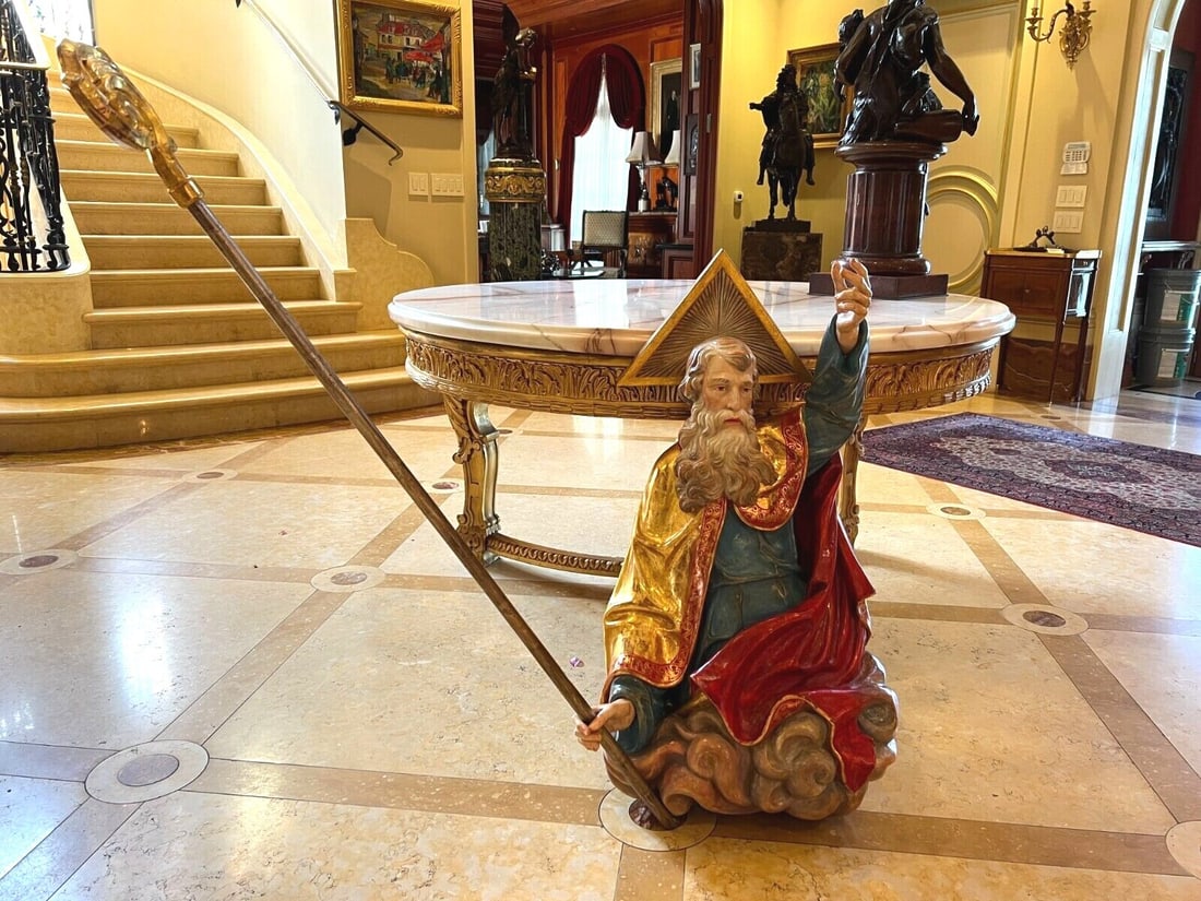 Siegfried & Roy 1900 Gold Hand-Painted God Wall Mount Figurine: Siegfried & Roy 1900 Gold Hand-Painted God Wall Mount Figurine This stunning 1900 Italian hand-painted polychromed wood wall mount figure of God the Father is a remarkable piece of religious art, orig