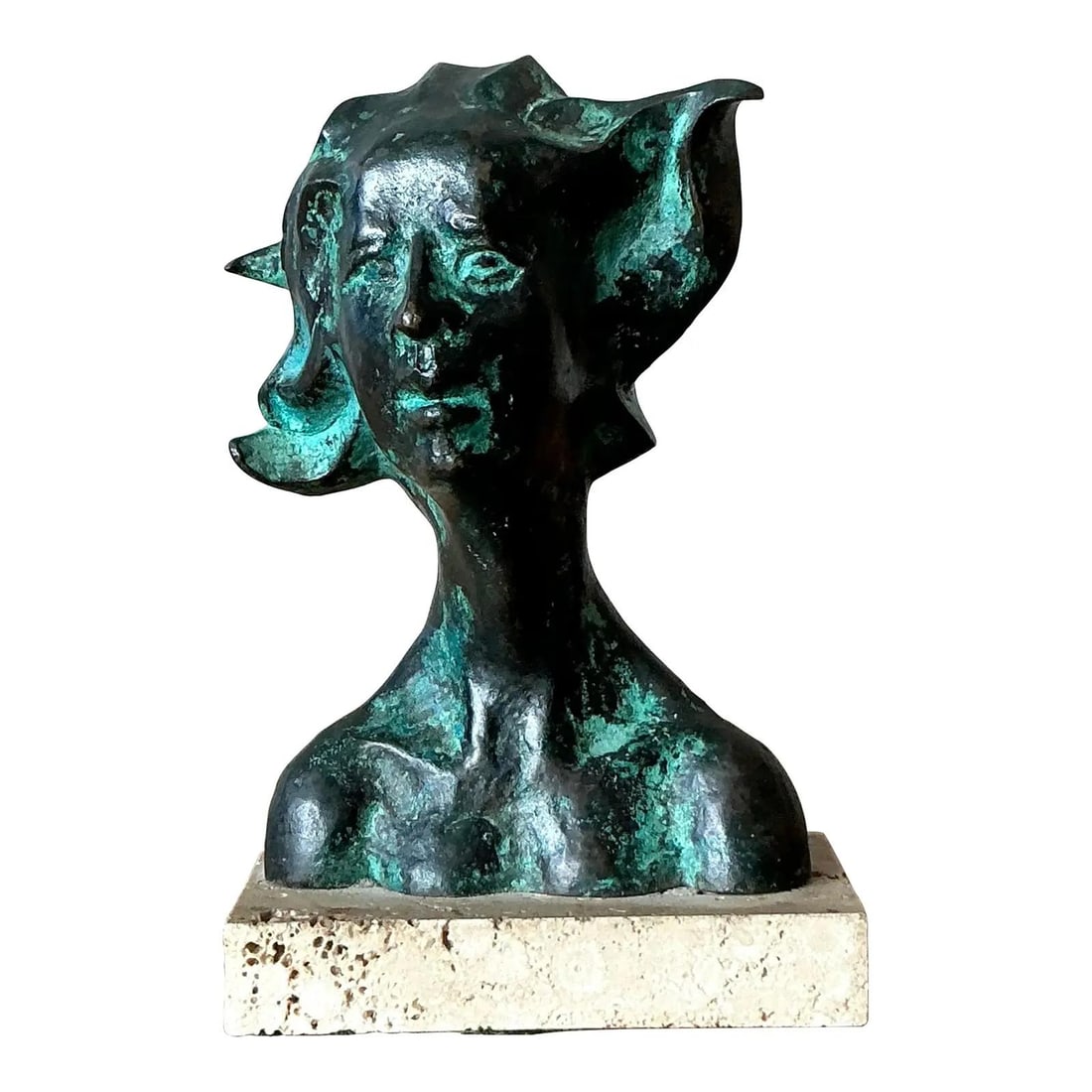 Small Patinated Bronze Female Bust Sculpture on Travertine Marble Base: Small Patinated Bronze Female Bust Sculpture on Travertine Marble Base This vintage bronze sculpture features a stylized bust of a woman, inspired by the artistic elegance of the Art Deco and Art Nouv