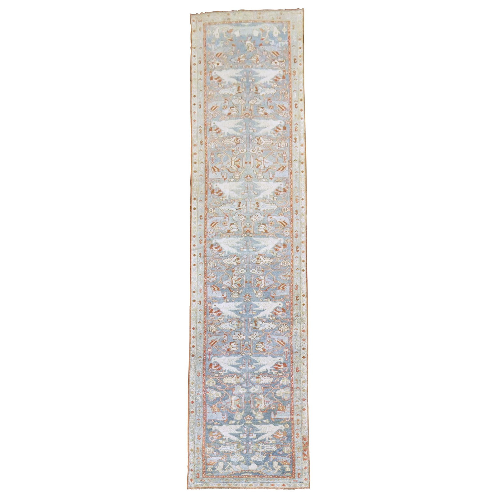 Early 20th Century Malayer Pictorial Runner with Blue and White Birds Motif: Early 20th Century Malayer Pictorial Runner with Blue and White Birds Motif This decorative pictorial Persian Malayer runner features a charming design of white and blue birds and pigeons set against