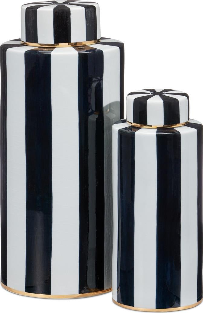 Currey Rayures Brass Ivory Ceramic Tea Canister Set: Currey Rayures Brass Ivory Ceramic Tea Canister Set Enhance your home decor with this elegant duo of ceramic tea canisters, designed in a charming antique style. Perfect for stylish storage, these can