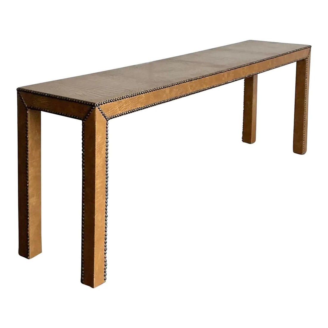 Embossed Crocodile Pattern Console Table With Nailhead Trim And Metal Base: Embossed Crocodile Pattern Console Table With Nailhead Trim And Metal Base This vintage console table features a striking embossed crocodile or alligator skin pattern across its warm brown leather or